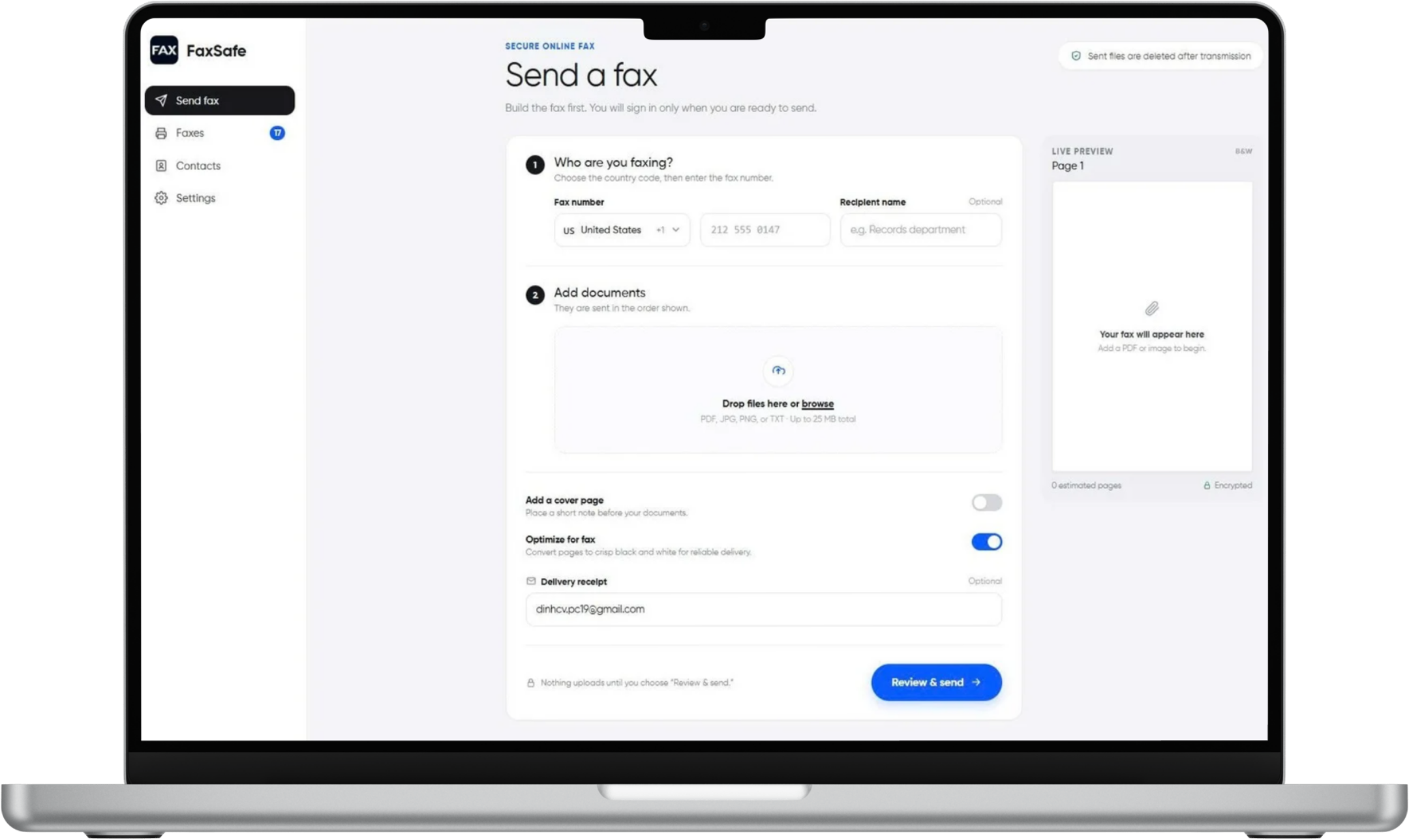 FaxSafe email-to-fax interface